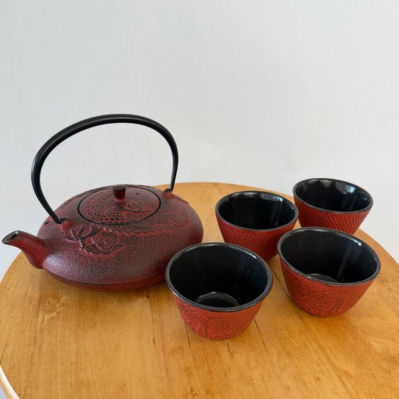 Vintage JOYCE CHEN Cast Iron Tetsubin TEAPOT & Cups Set Japan Year of the Dragon